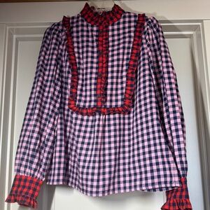 Boden Ruffle Top Isla Frill Long Sleeve Pink Red Plaid Color Block Half Button